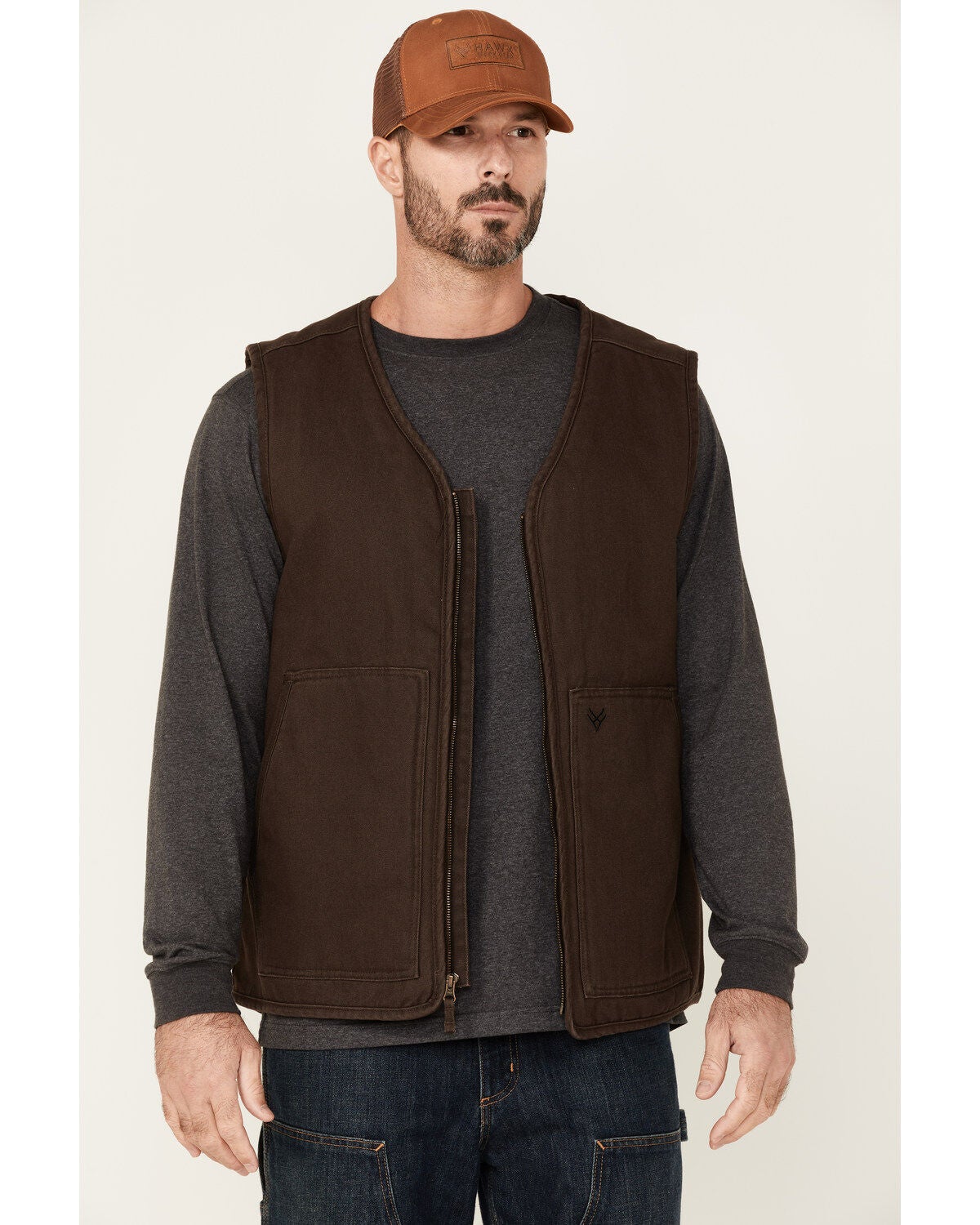 Hawx Men's Weathered Canvas Zip-Front Sherpa Lined Work Vest - Tall, Brown, hi-res