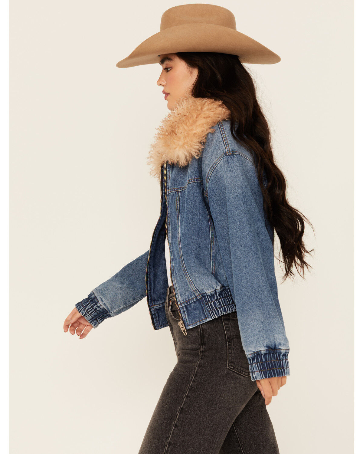 Image #2 - BLANKNYC Women's Fur Collar Denim Bomber Jacket, Medium Wash, hi-res