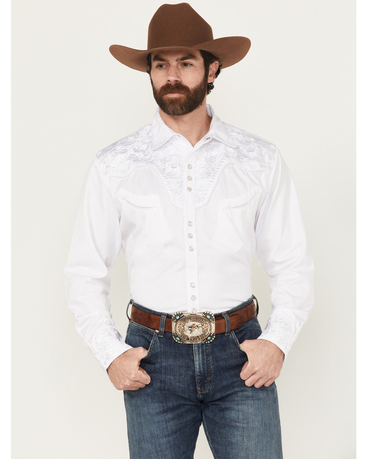 Scully Men's Embroidered Gunfighter Long Sleeve Pearl Snap Western Shirt, White, hi-res