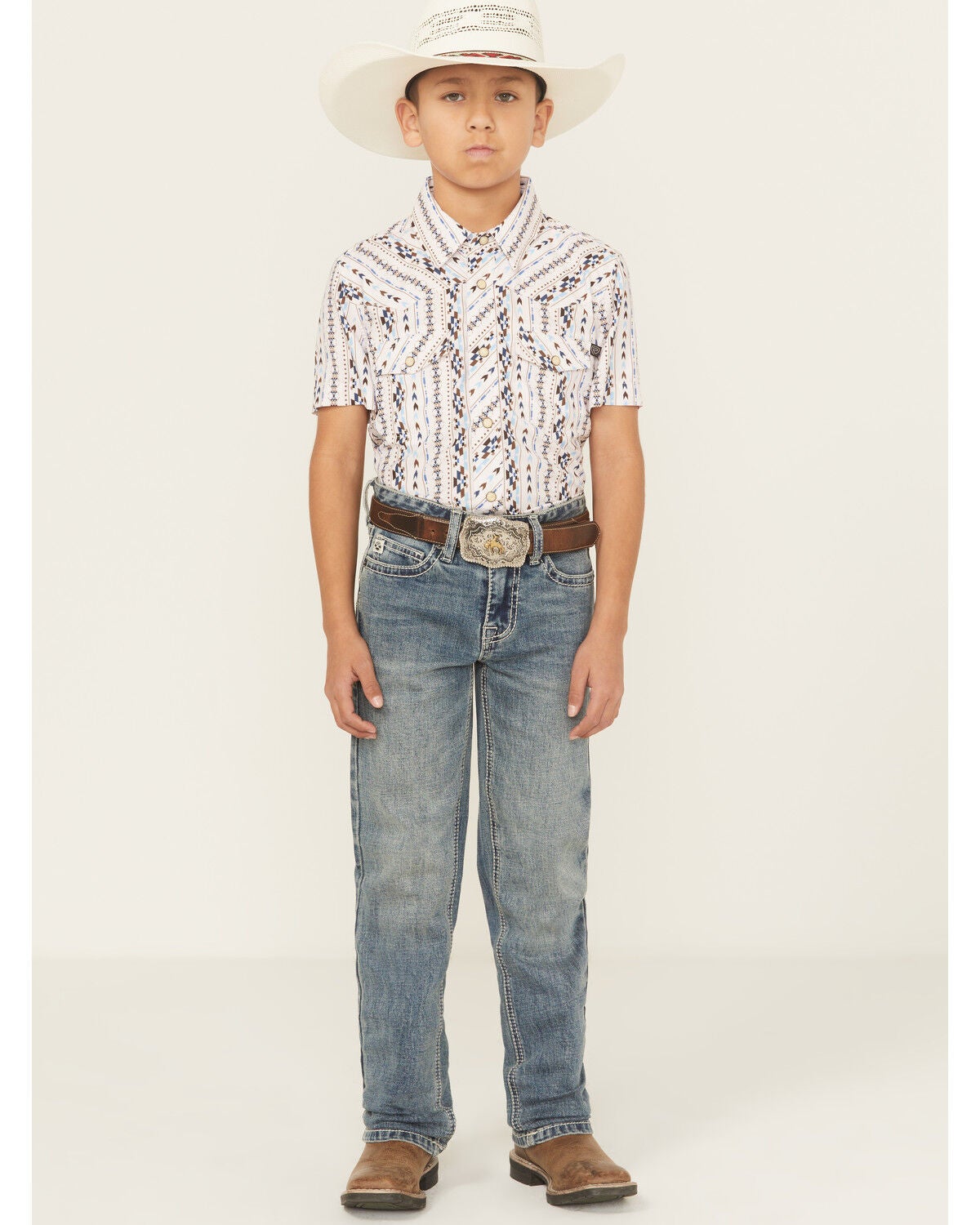 Hooey X Rock & Roll Denim Boys' Medium Wash Step Bootcut Stretch Denim Jeans, Blue, hi-res