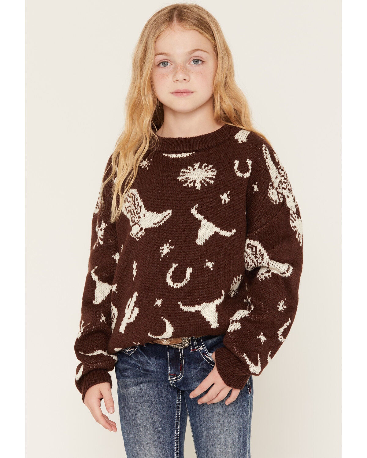 Image #1 - Rock & Roll Denim Girls' Western Print Sweater, Chocolate, hi-res
