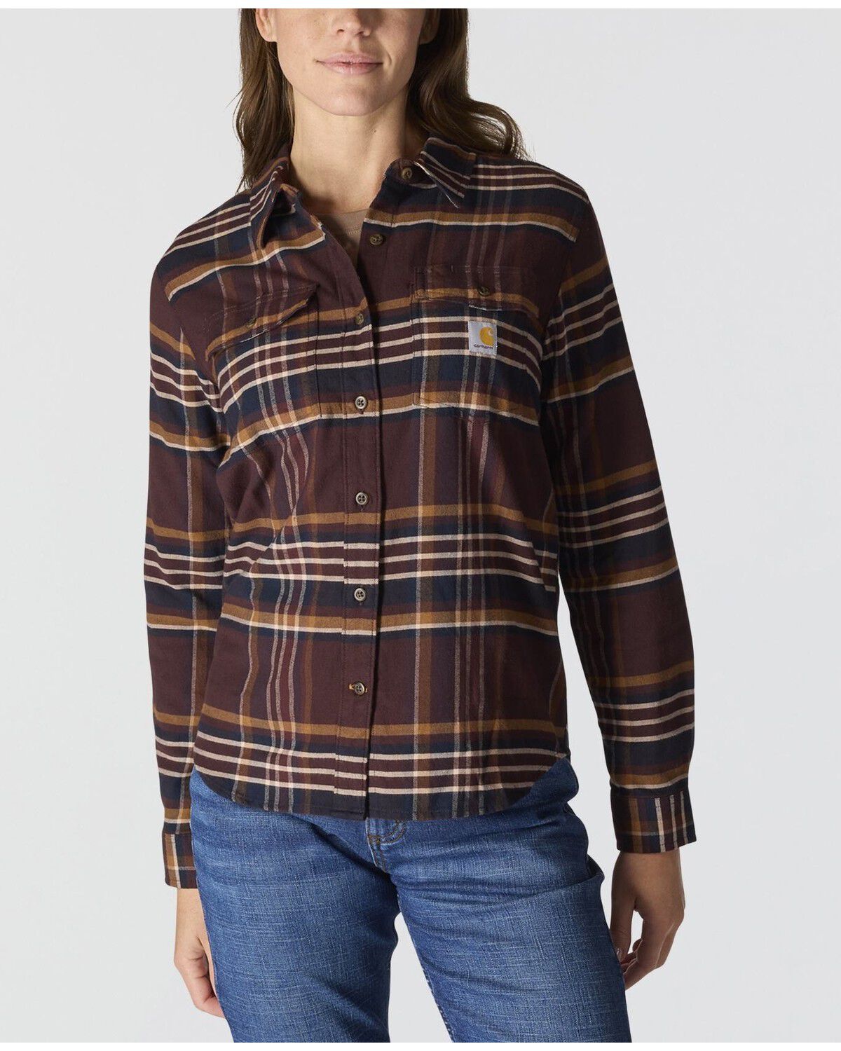 Image #1 - Carhartt Women's TENCEL™ Fiber Series Relaxed Fit Plaid Print Long Sleeve Flannel Shirt, Purple, hi-res