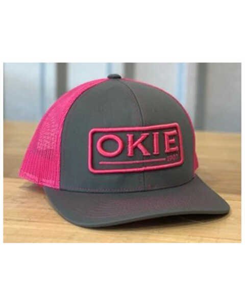 Okie Women's Grey & Pink Darlin Logo Puff Embroidered Mesh-Back Trucker Cap, Grey, hi-res
