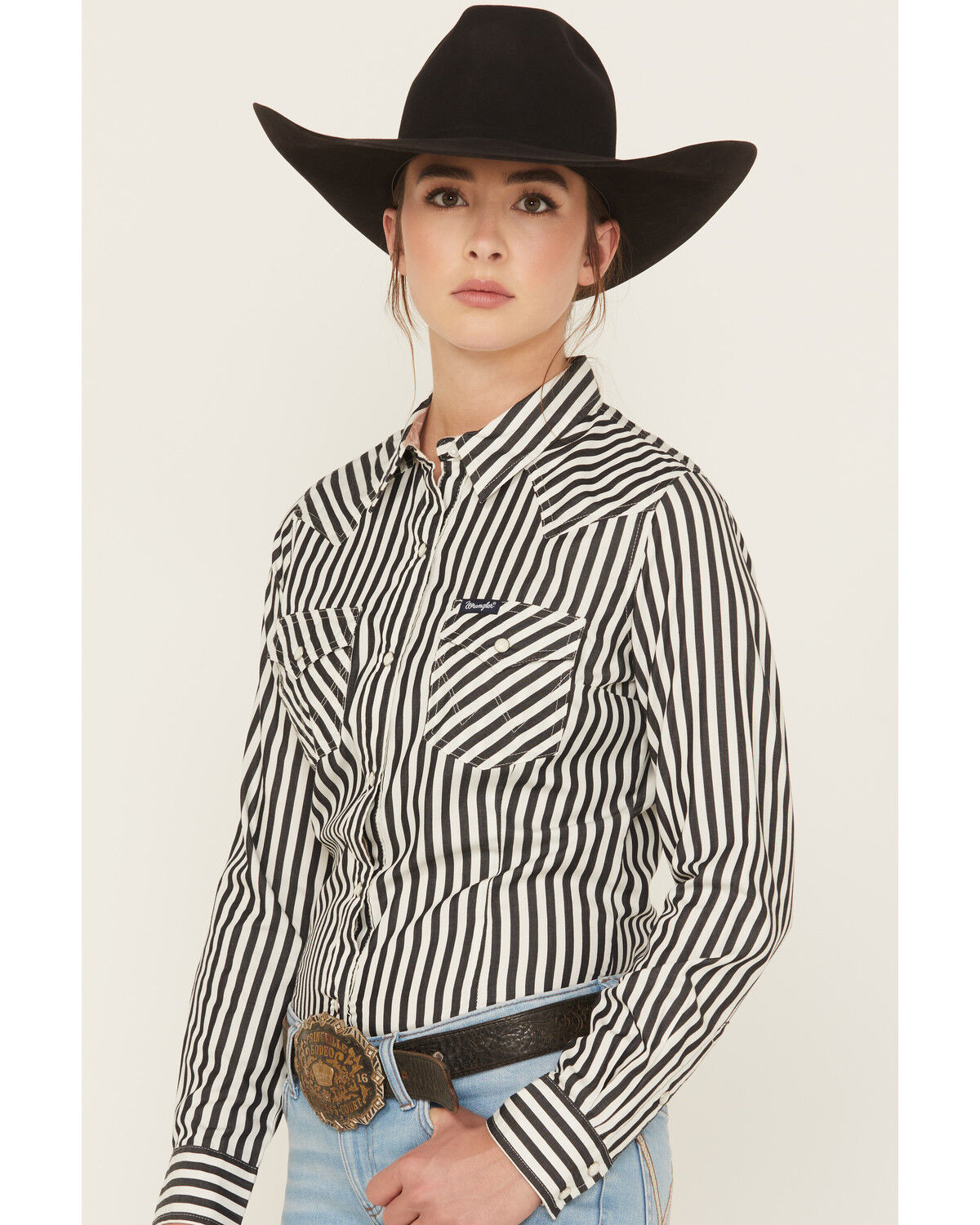 Image #2 - Wrangler Retro Women's Striped Long Sleeve Snap Western Shirt, Black, hi-res