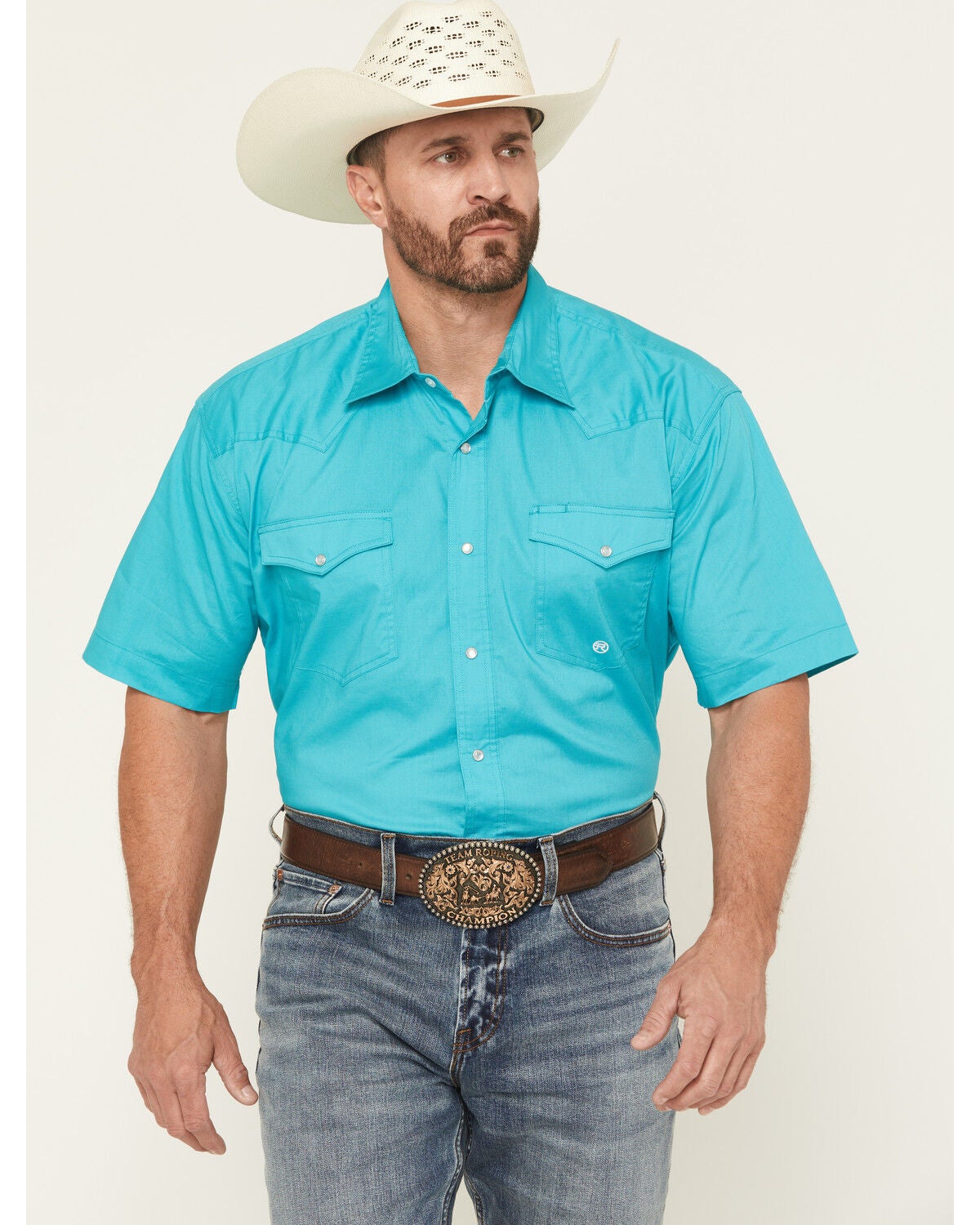 Roper Men's Amarillo Solid Short Sleeve Pearl Snap Stretch Western Shirt, Teal, hi-res