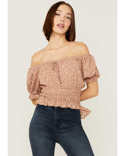 Wild Moss Women's Plush Daisy Off The Shoulder Ruched Top, Blush, hi-res