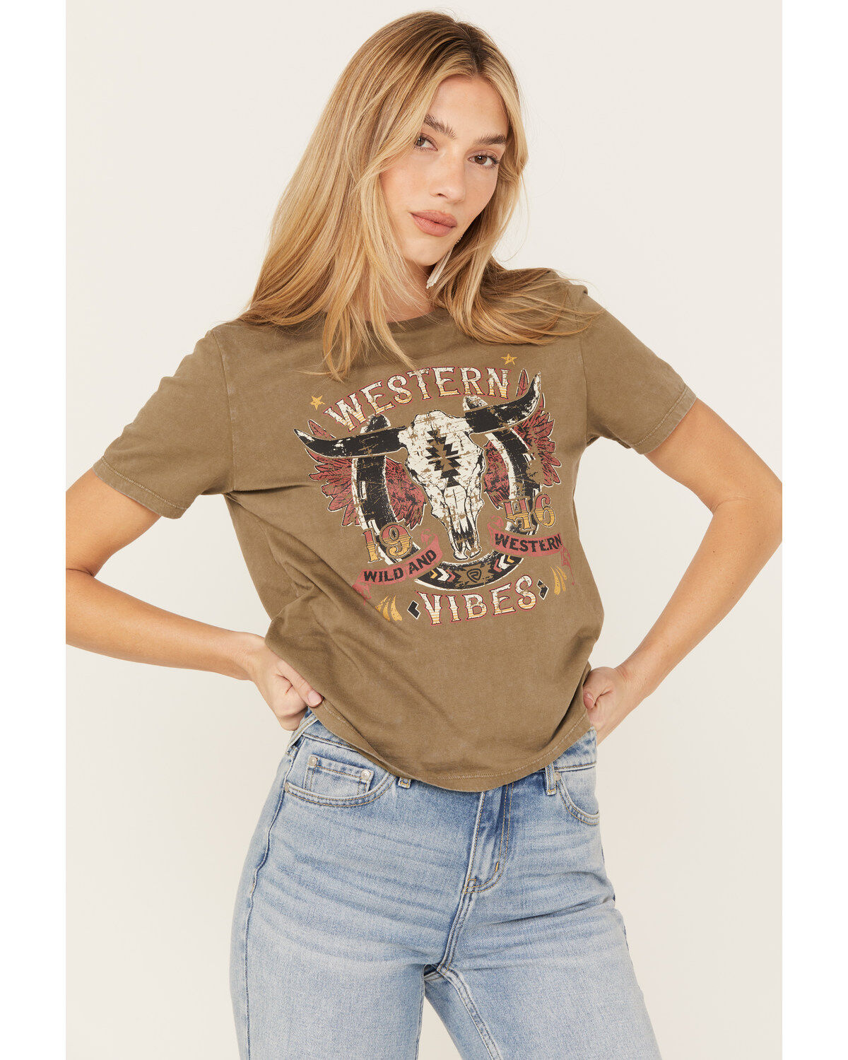 Image #2 - Panhandle Women's Steer Head Short Sleeve Graphic Tee, Olive, hi-res
