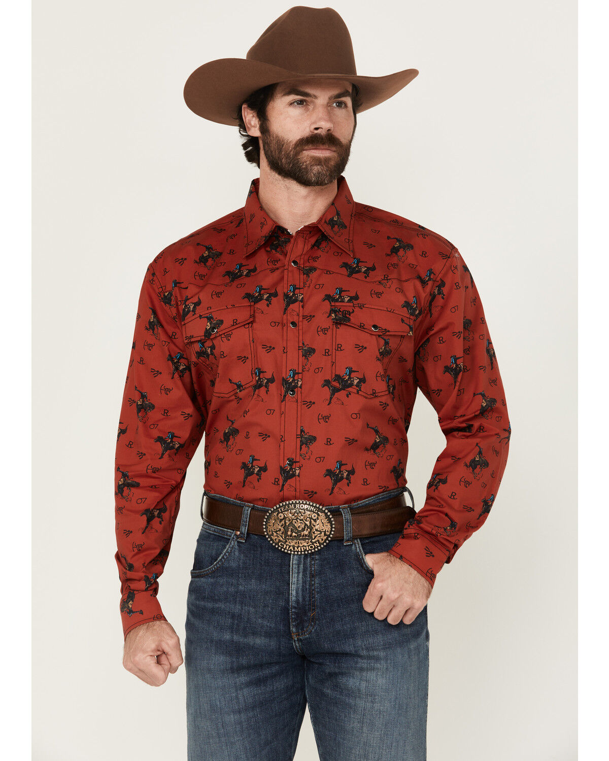 Image #1 - Cowboy Hardware Men's Bronc Conversation Print Long Sleeve Snap Western Shirt, Red, hi-res
