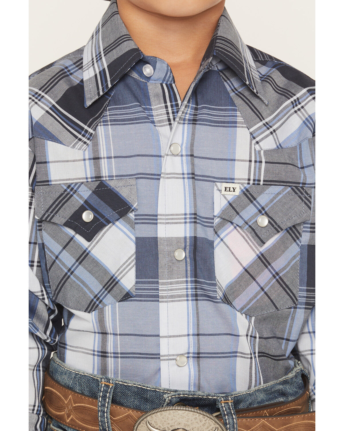 Image #3 - Ely Walker Boys' Plaid Print Long Sleeve Pearl Snap Western Shirt, Blue, hi-res