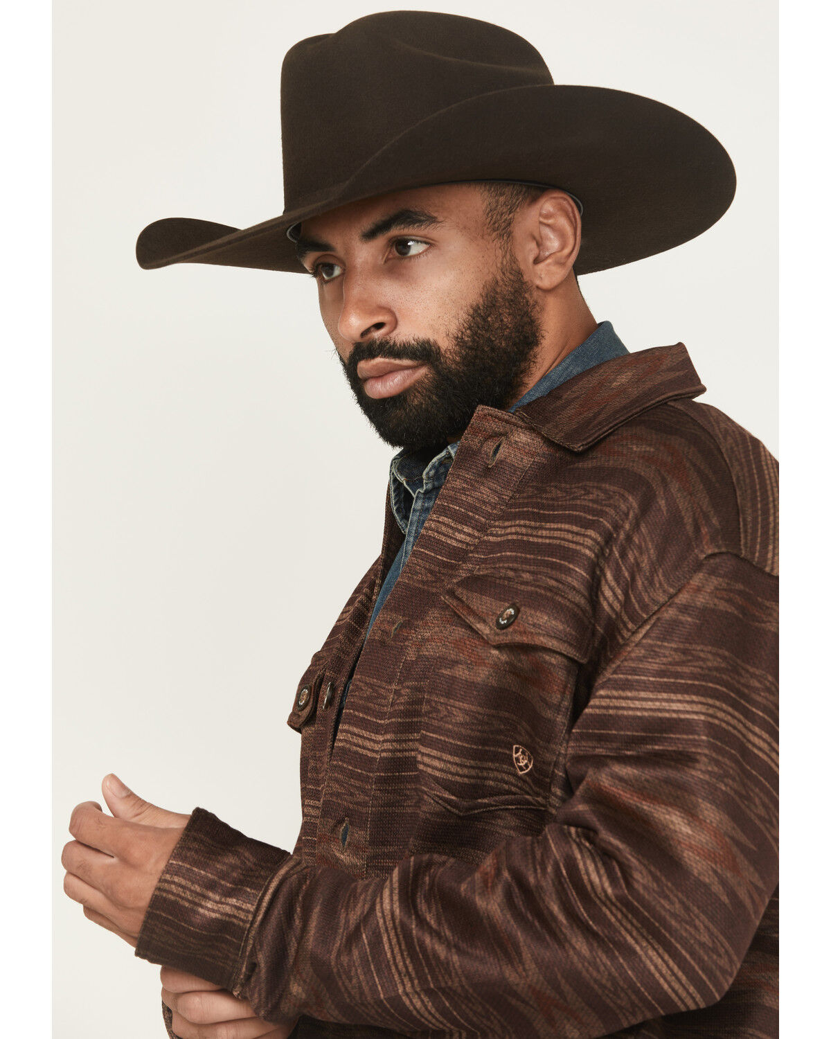 Image #2 - Ariat Men's Caldwell Southwestern Serape Stripe Print Long Sleeve Button-Down Shirt Jacket, Maroon, hi-res