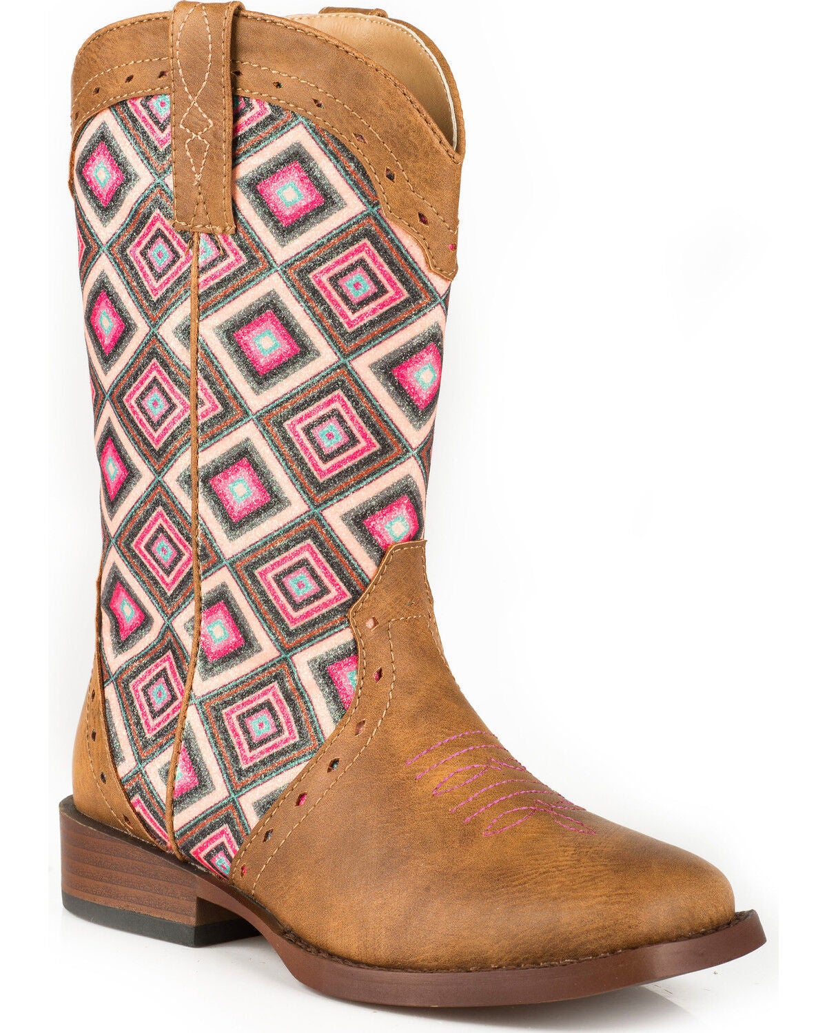 Roper Girls' Glitter Geo Pattern Boots - Square Toe, Tan, hi-res