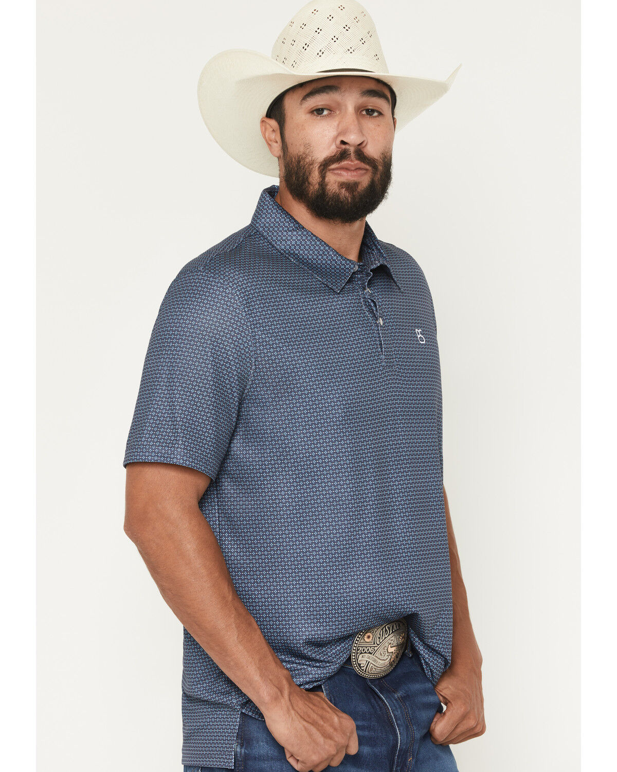 Image #2 - Panhandle Slim Men's Geo Print Short Sleeve Snap Polo Shirt, Navy, hi-res