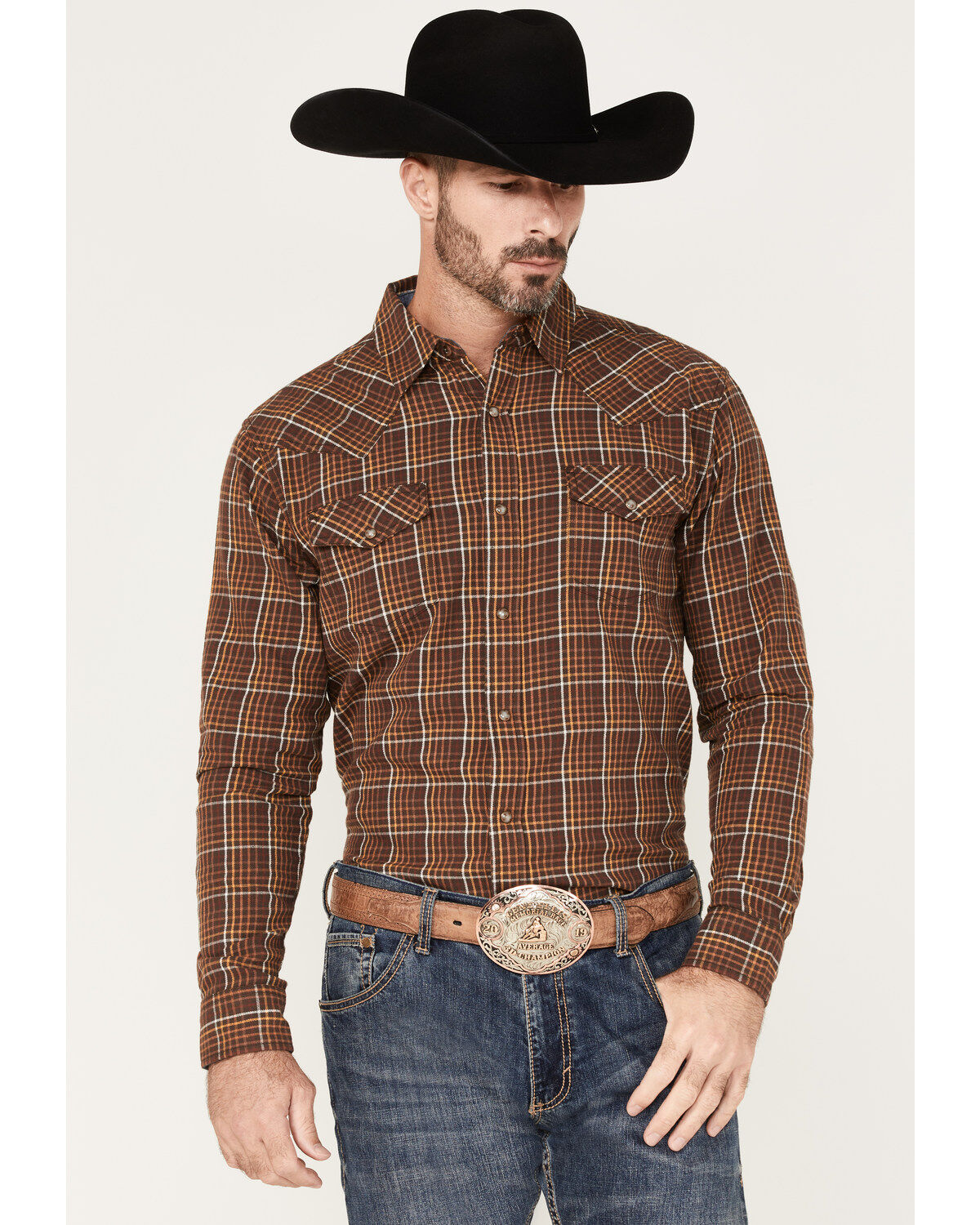 Image #1 - Cody James Men's Rusty Nail Small Plaid Print Long Sleeve Snap Western Flannel Shirt - Big & Tall, Rust Copper, hi-res