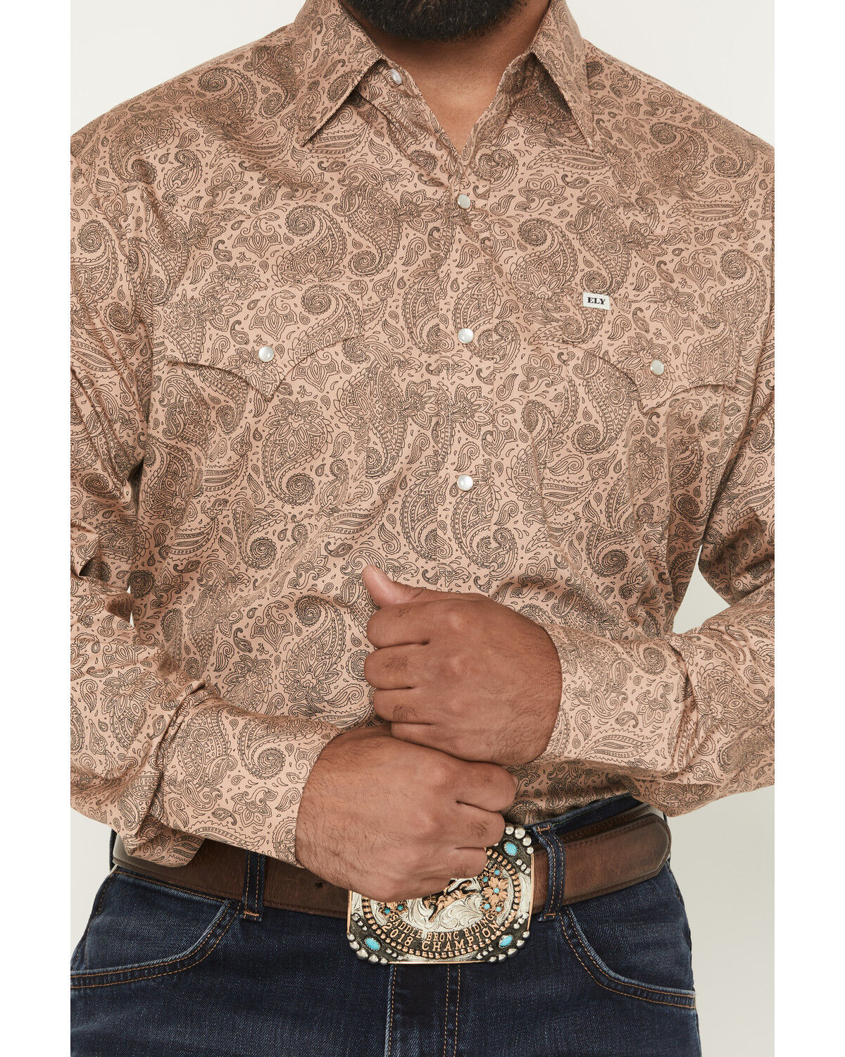 Image #3 - Ely Walker Men's Paisley Print Long Sleeve Pearl Snap Western Shirt, Khaki, hi-res