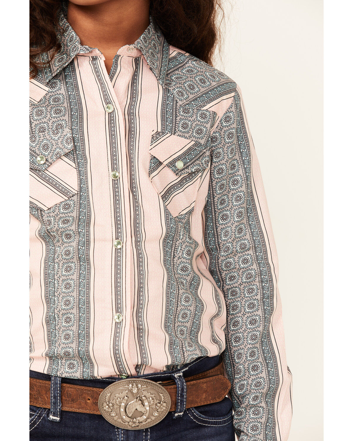 Image #2 - Cruel Girl Girls' Medallion Stripe Long Sleeve Snap Western Shirt, Pink, hi-res