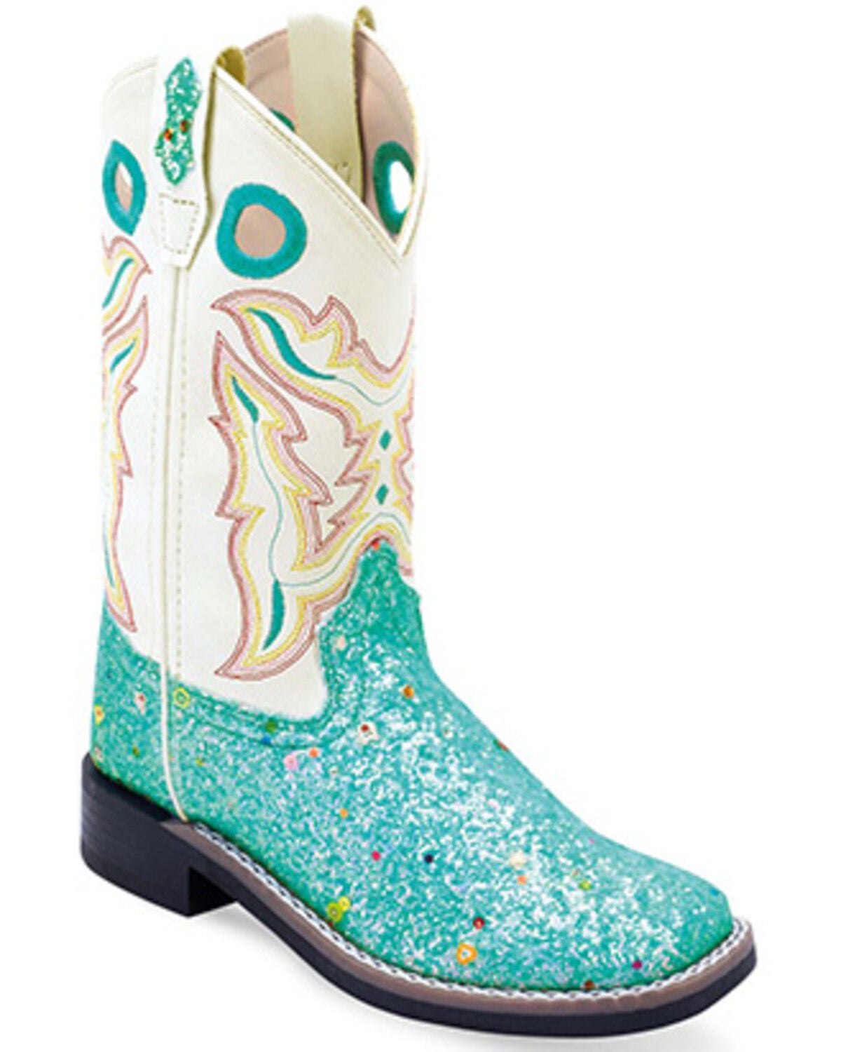 Old West Girls' Fancy Stitch Western Boots - Broad Square Toe, Blue, hi-res