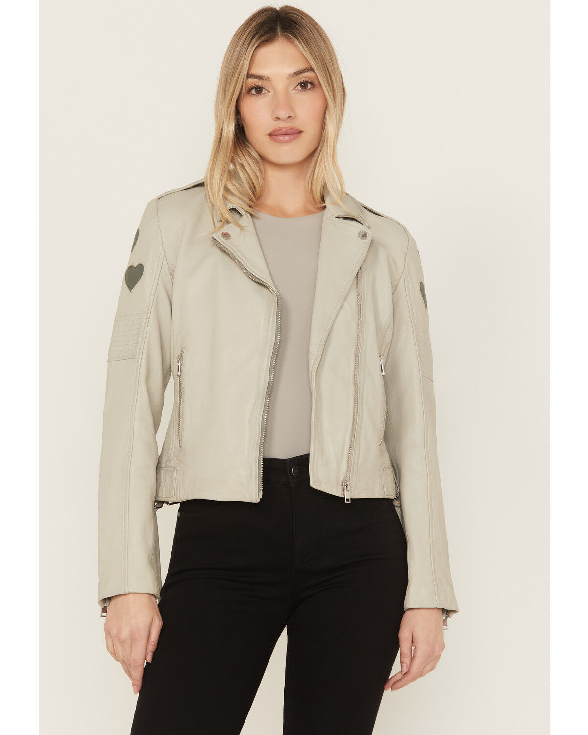 Image #4 - Mauritius Leather Women's Reo Heart Leather Moto Jacket, Off White, hi-res