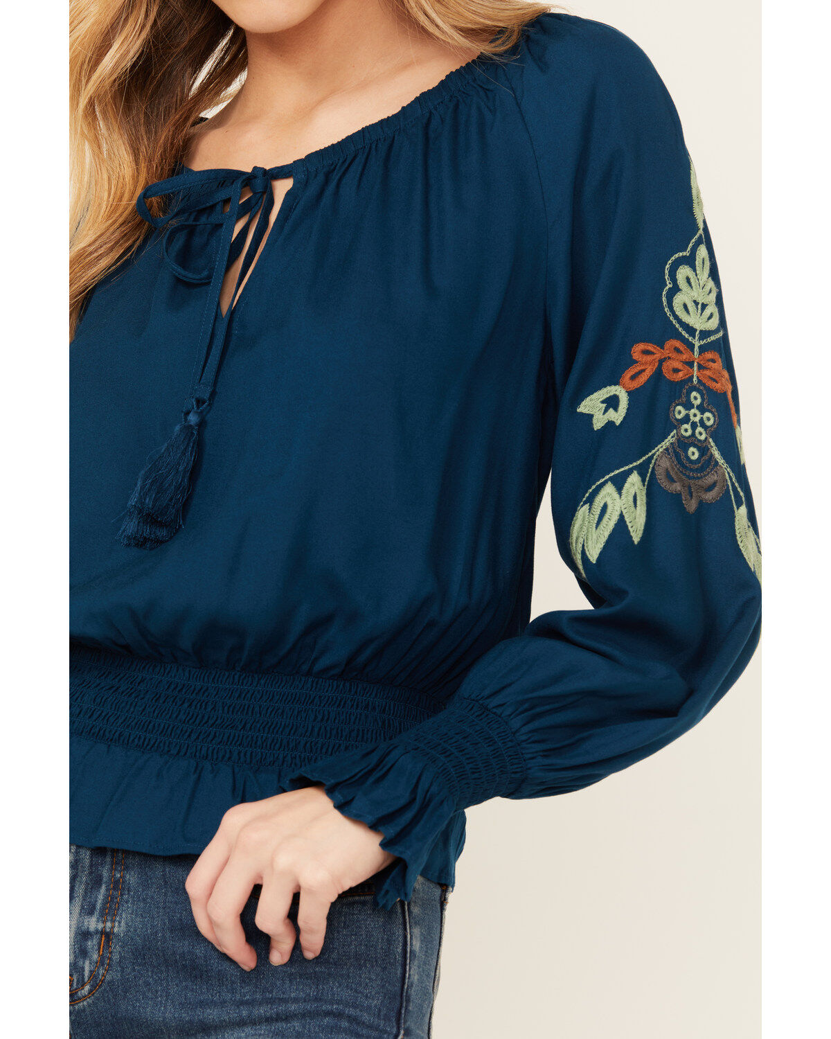 Image #3 - Shyanne Women's Challis Embroidered Long Sleeve Blouse, Dark Blue, hi-res