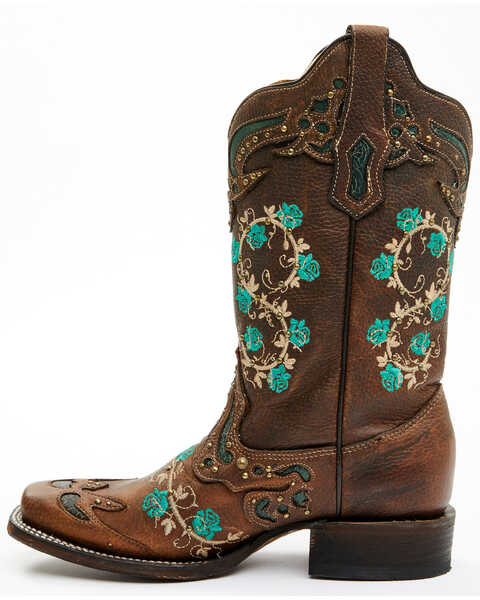Image #4 - Corral Women's Studded Floral Embroidery Western Boots - Square Toe, Brown, hi-res