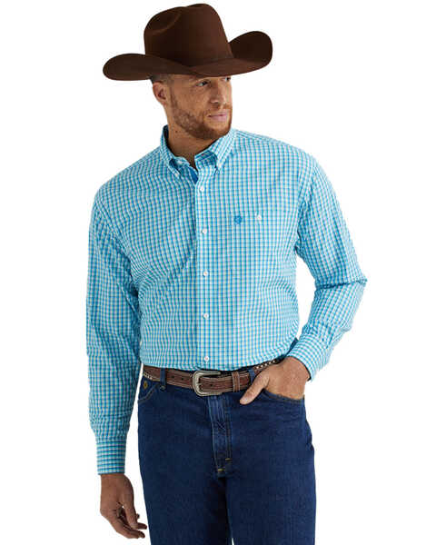 George Strait by Wrangler Men's Plaid Print Long Sleeve Button-Down Stretch Western Shirt - Tall , Turquoise, hi-res