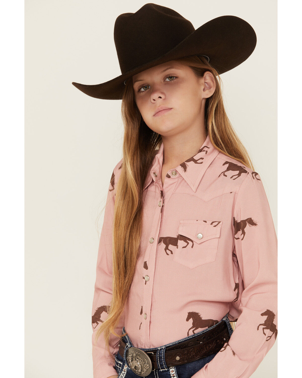 Image #2 - Roper Girls' Running Horse Print Long Sleeve Snap Western Shirt, Pink, hi-res