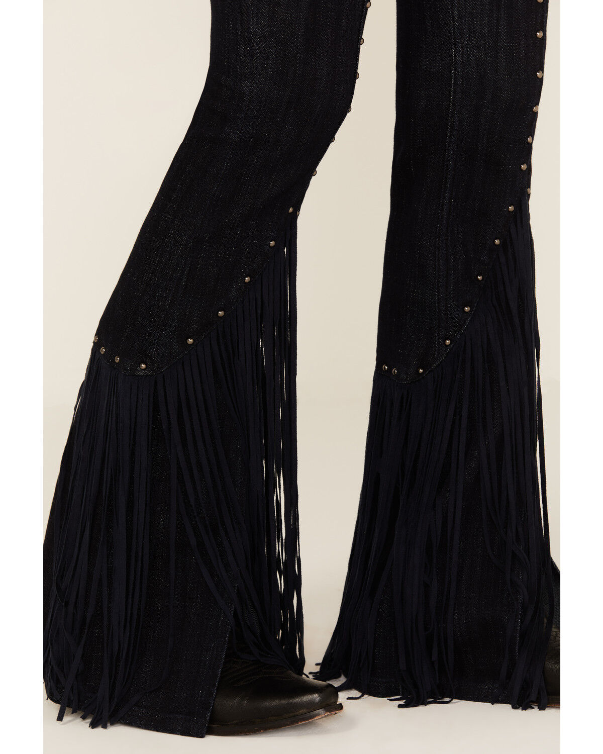 Product Name:  Idyllwind Women's Magnolia Dark Wash Outlaw High Rise Studded Fringe Super Stretch Flare Jeans