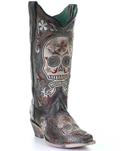 Corral Women's Sugar Skull Embroidery Western Boots - Snip Toe, Black, hi-res