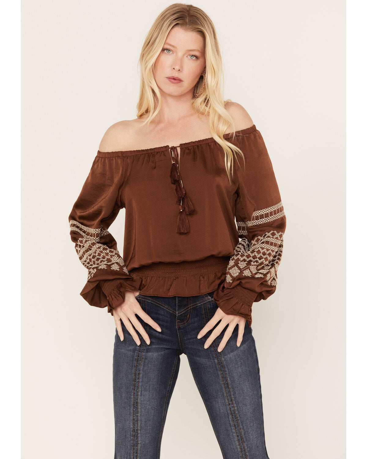 Shyanne Women's Satin Peasant Embroidered Blouse, Dark Brown, hi-res