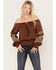Image #1 - Shyanne Women's Satin Peasant Embroidered Blouse, Dark Brown, hi-res
