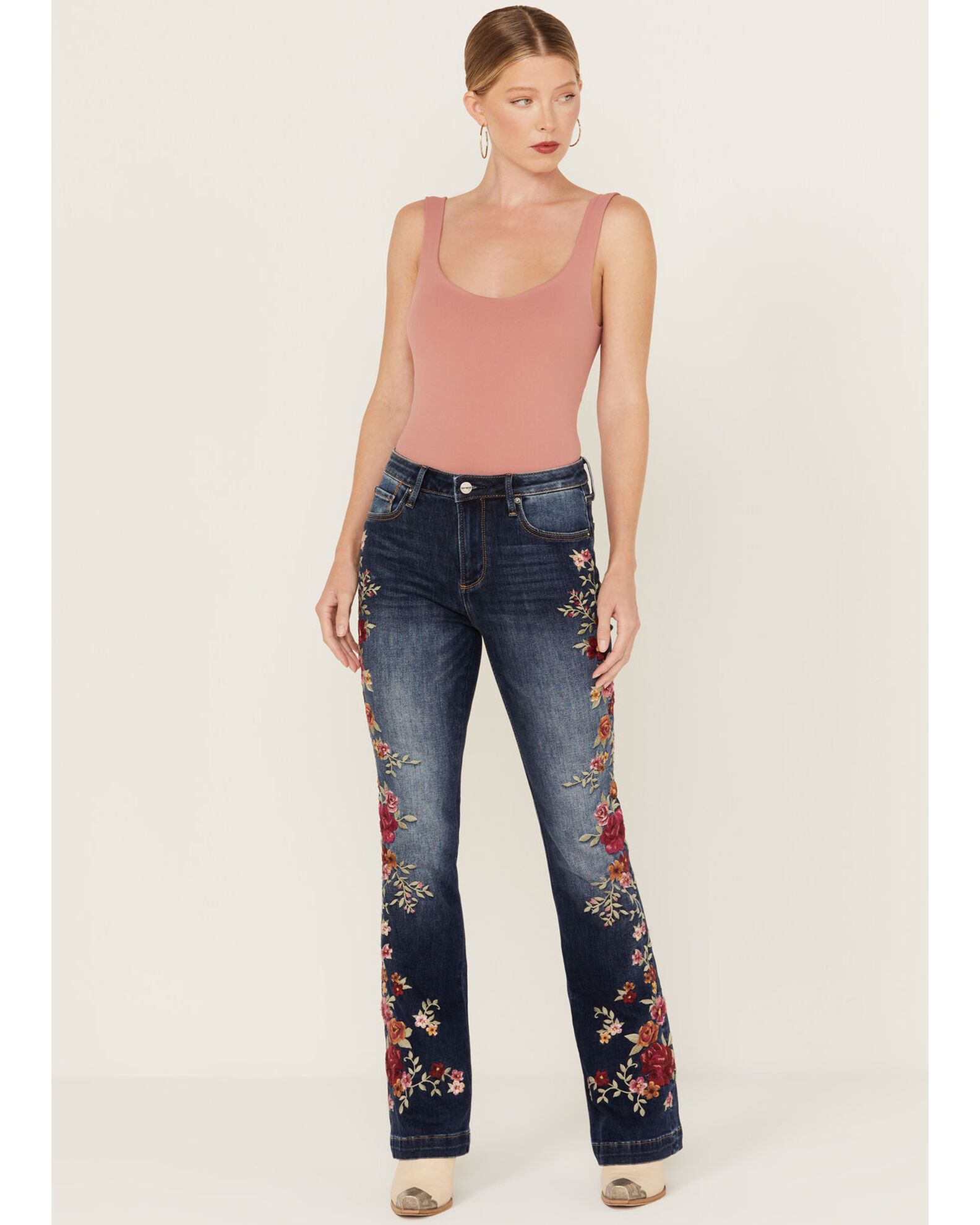 Navy Blue Floral Embroidered Flare Jeans, Mid-Stretch Slim Fit Bell Bottom  Jeans, Women's Denim Jeans & Clothing