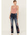 Image #1 - Driftwood Women's Medium Wash High Rise Floral Embroidered Stretch Flare Jeans, Medium Wash, hi-res
