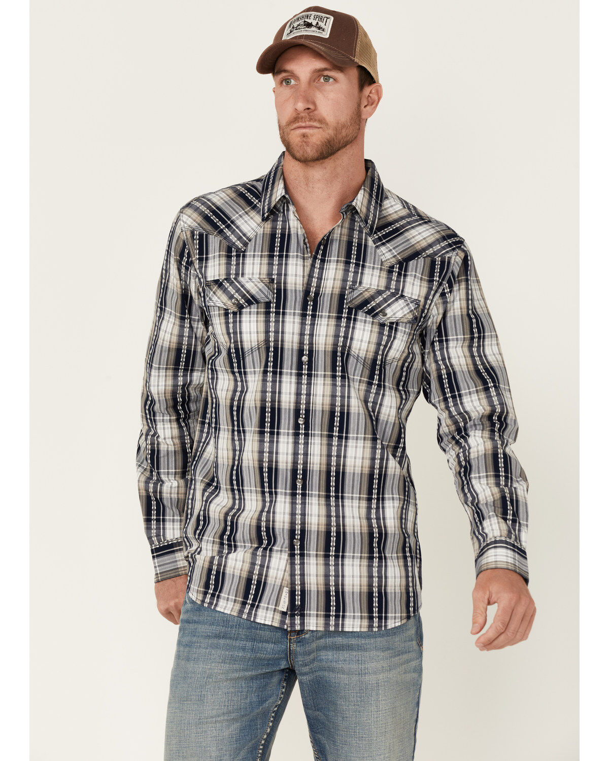Image #1 - Moonshine Spirit Men's Talum Plaid Long Sleeve Snap Western Shirt, Navy, hi-res