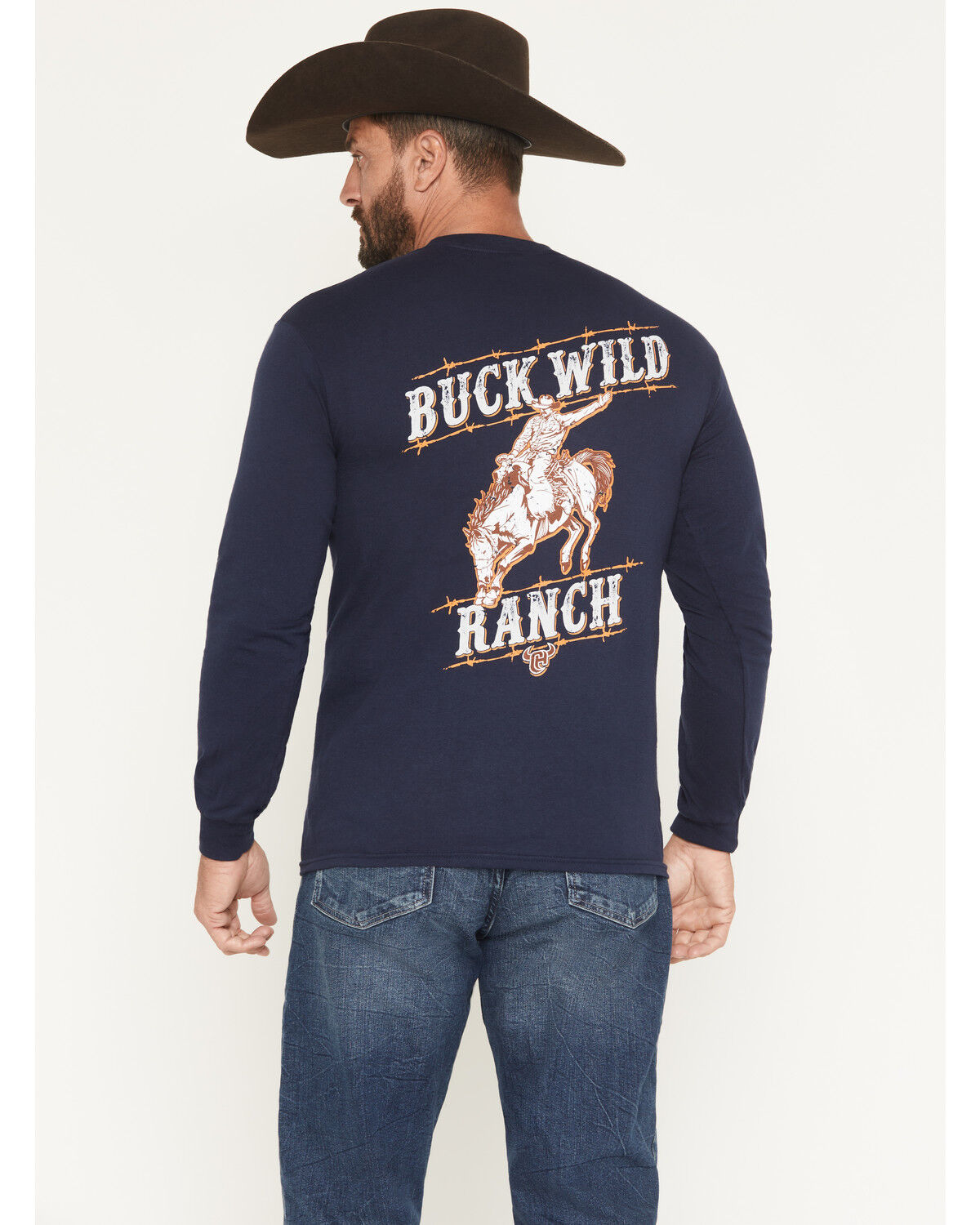 Image #1 - Cowboy Hardware Men's Buck Wild Ranch Long Sleeve Graphic T-Shirt, Navy, hi-res