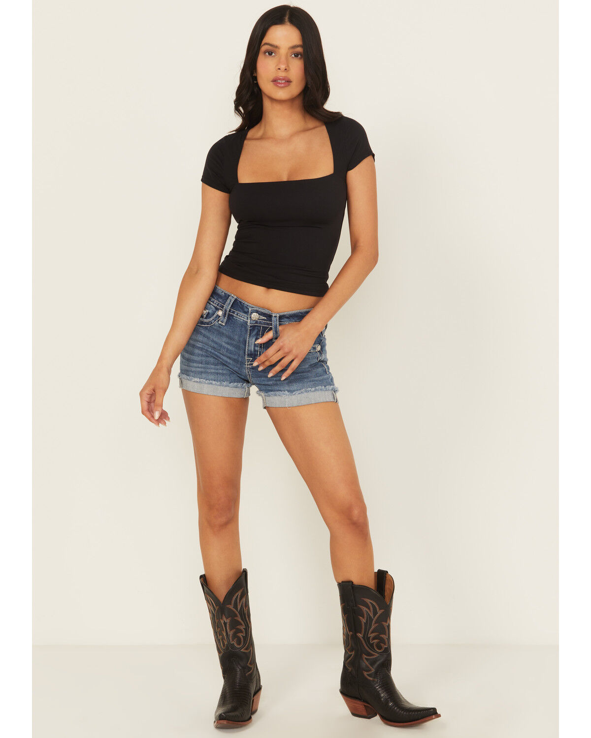 Image #3 - Miss Me Women's Medium Wash Mid Rise Longhorn Pocket Shorts, Medium Wash, hi-res
