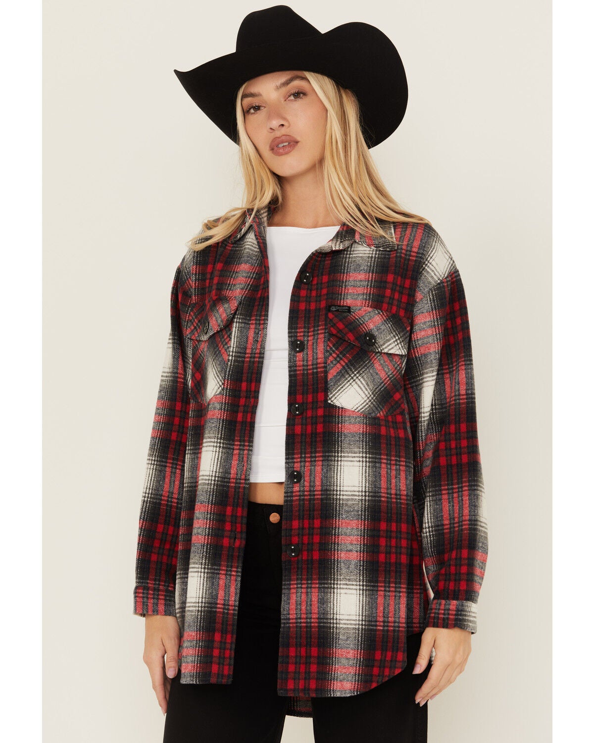 STS Ranchwear by Carroll Women's Bailey Plaid Print Button-Down Shacket, Red, hi-res