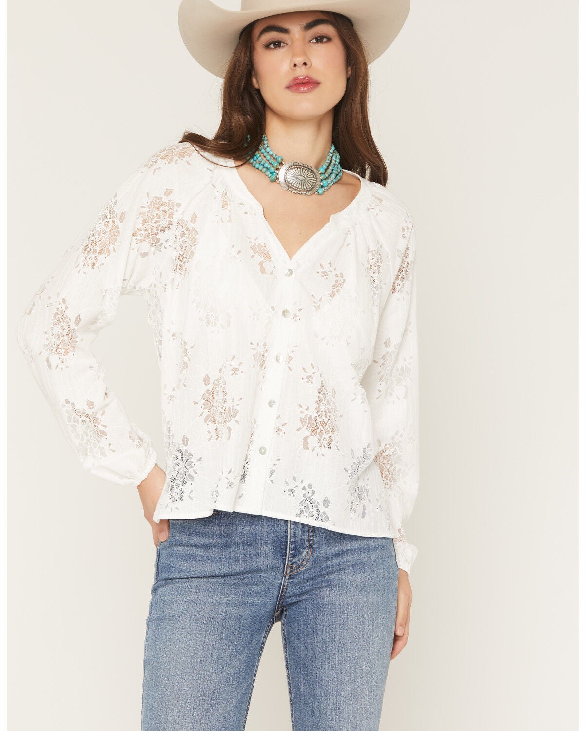 Wild Moss Women's Solid Lace Long Sleeve Button-Down Peasant Top, White, hi-res