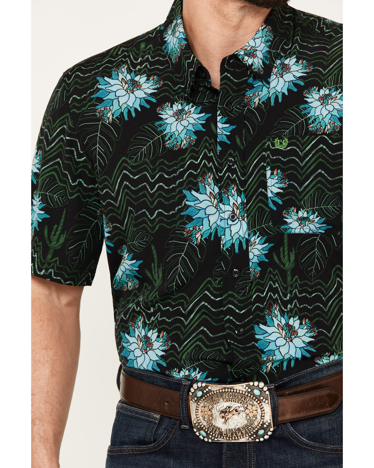 Image #3 - Panhandle Men's Tropical Print Short Sleeve Snap Stretch Western Shirt, Black, hi-res