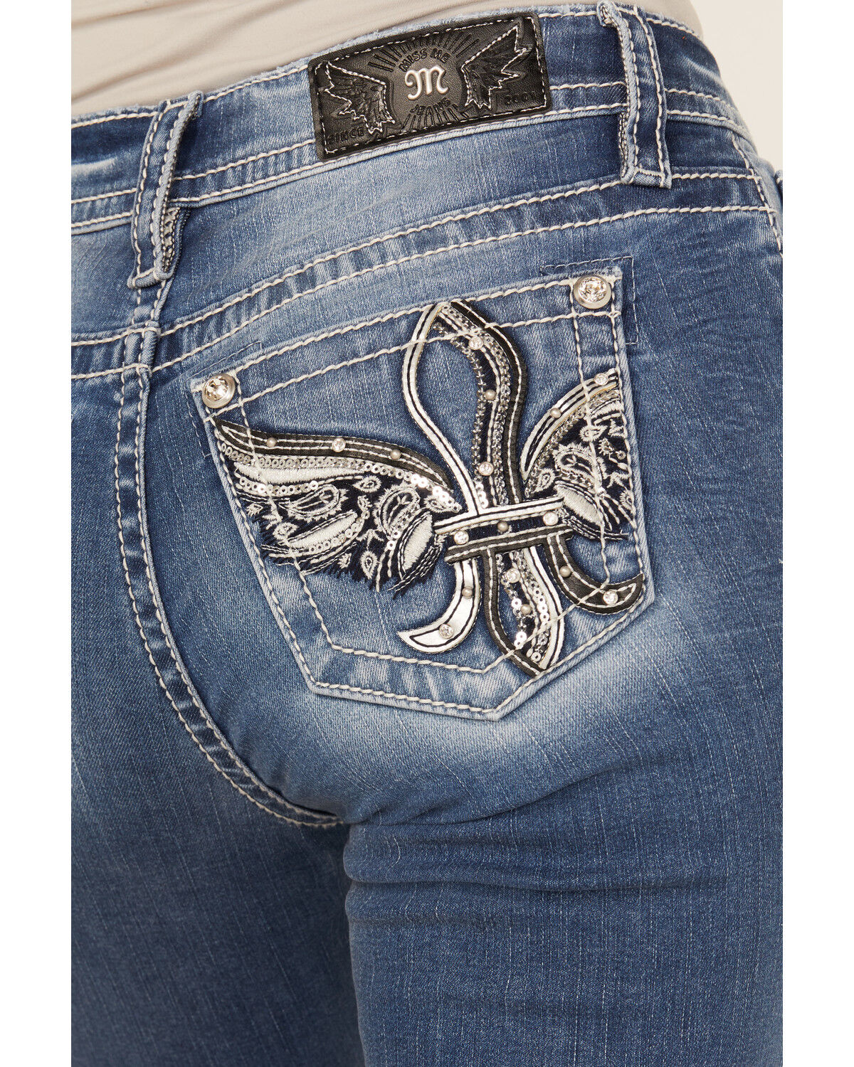 Image #2 - Miss Me Women's Medium Wash Mid Rise Fleur de Lis Pocket 32" Bootcut Stretch Denim Jeans, Medium Wash, hi-res
