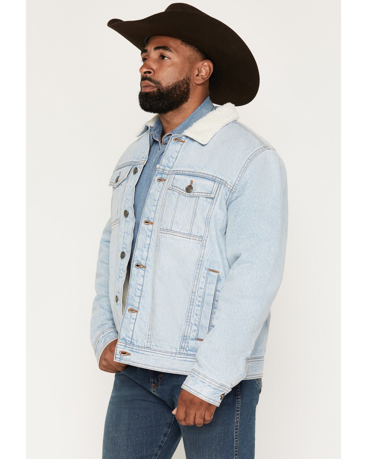 Image #2 - Cody James Men's Caballo Sherpa Lined Trucker Jacket, Light Wash, hi-res