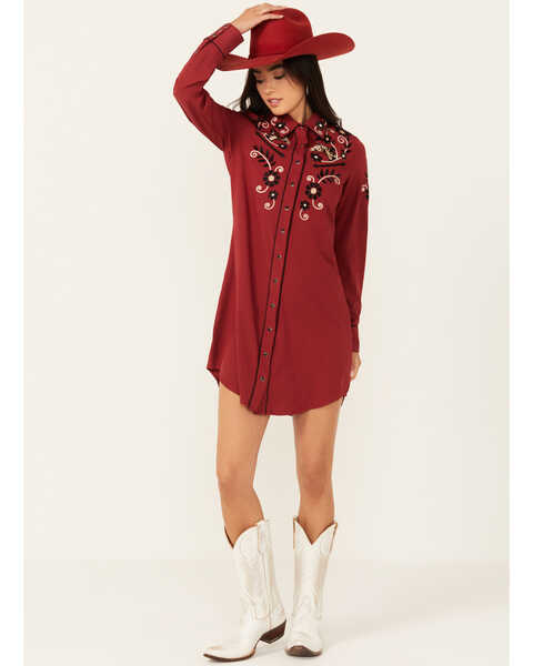 Roper Women's Floral Embroidered Long Sleeve Mini Dress, Red, hi-res