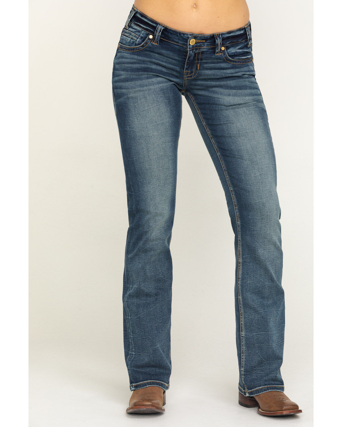 Image #2 - Rock & Roll Cowgirl Women's Vintage Dark Wash Low Rise Boot Riding Jeans, , hi-res