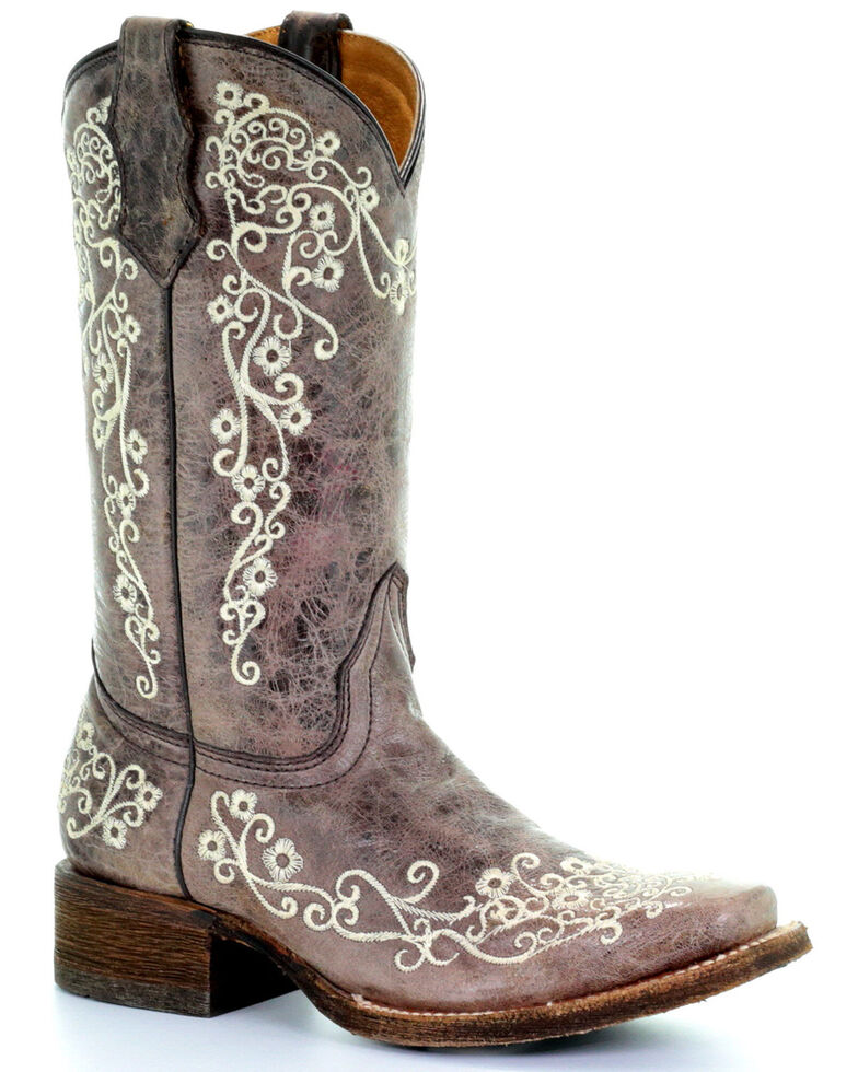 Corral Kids' Embroidered Square Toe Western Boots, Brown, hi-res