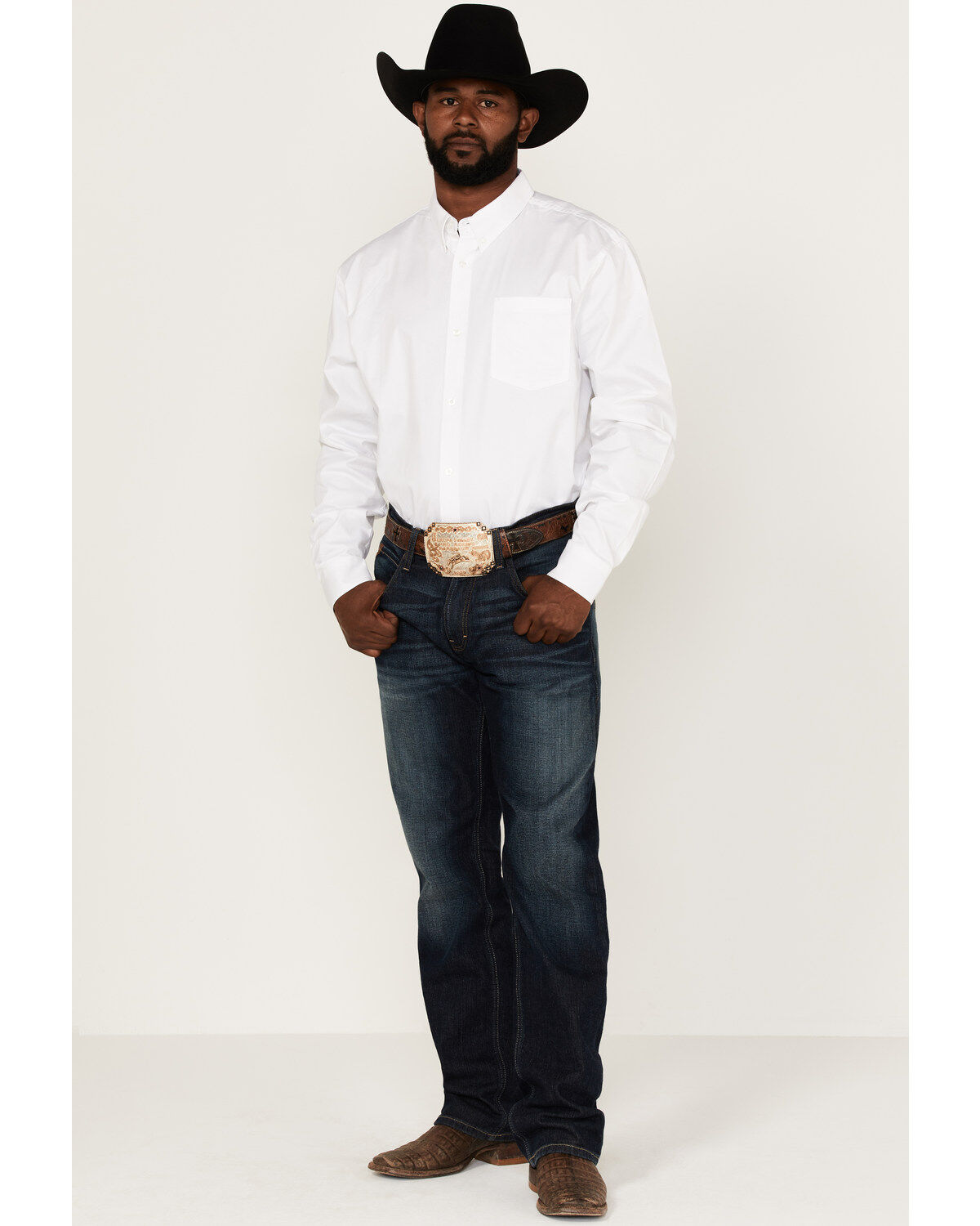 Image #2 - RANK 45® Men's Solid Basic Twill Logo Long Sleeve Button-Down Western Shirt, White, hi-res