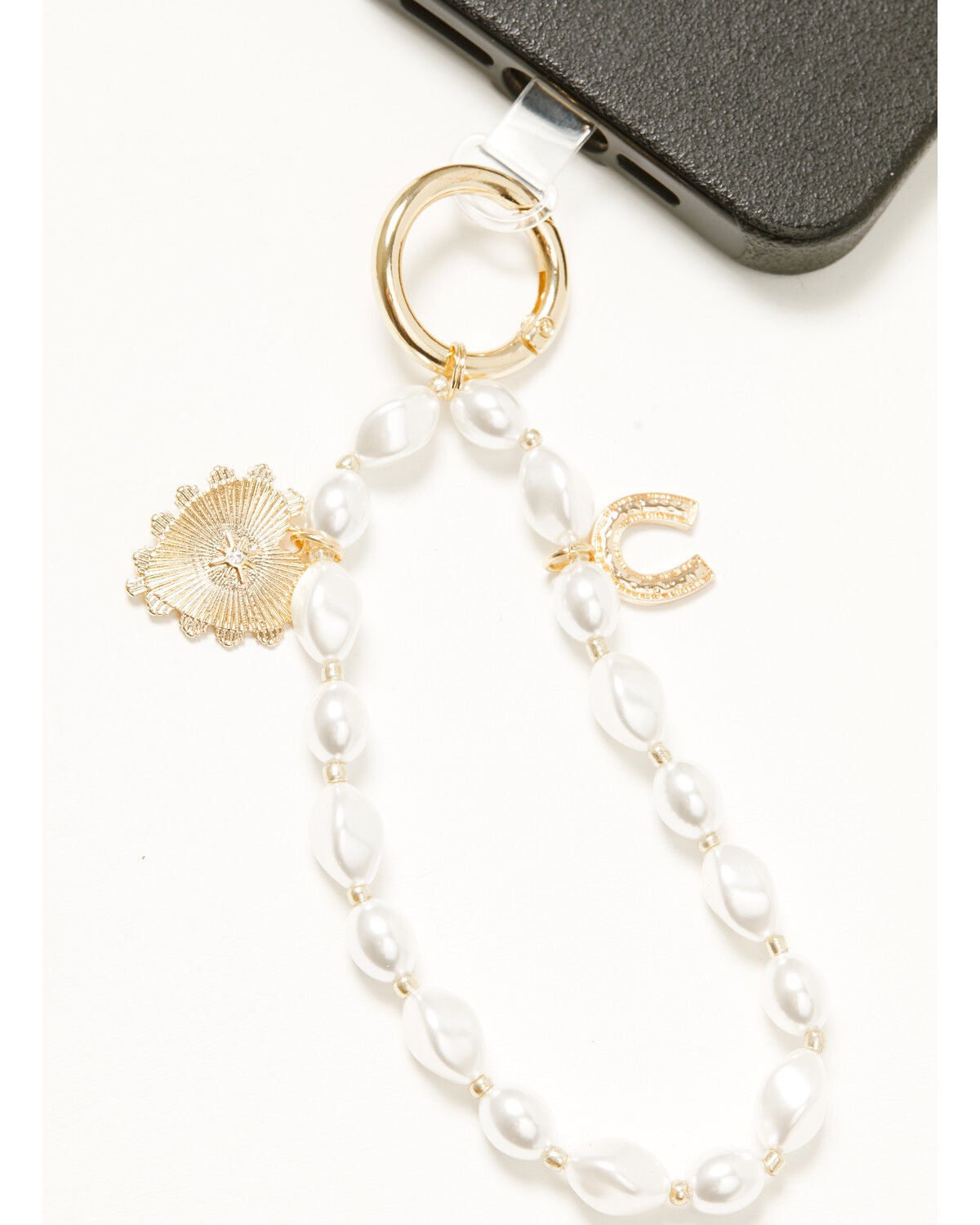 Shyanne Tonal Pearl Horseshoe Charm Phone Wristlet, Gold, hi-res