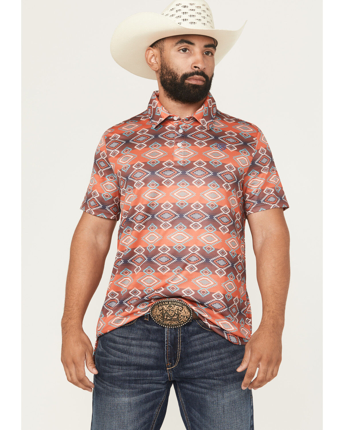 Rock & Roll Denim Men's Southwestern Print Short Sleeve Button-Down Polo Shirt