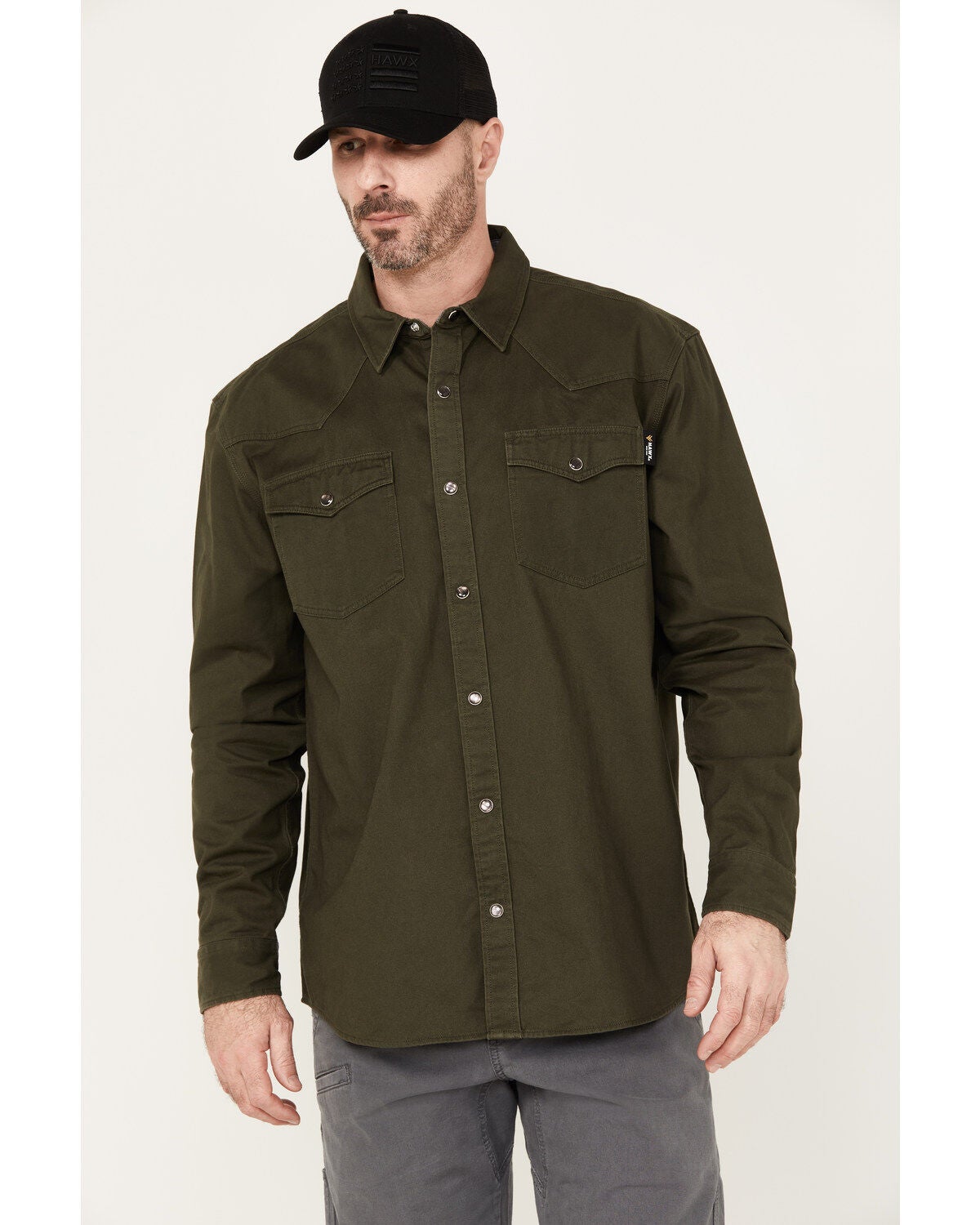 Hawx Men's Long Sleeve Snap Work Shirt, Olive, hi-res