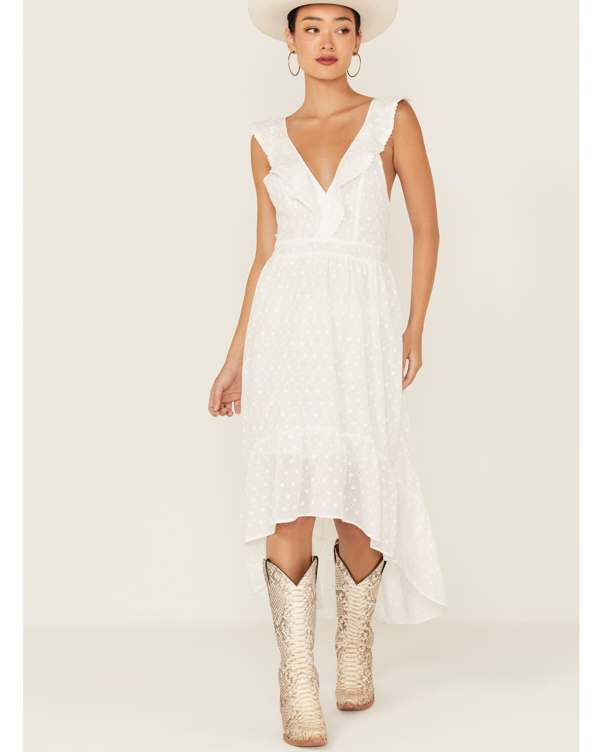 Image #2 - Molly Bracken Women's Ruffle Trim Cross Back High-Low Dress, White, hi-res