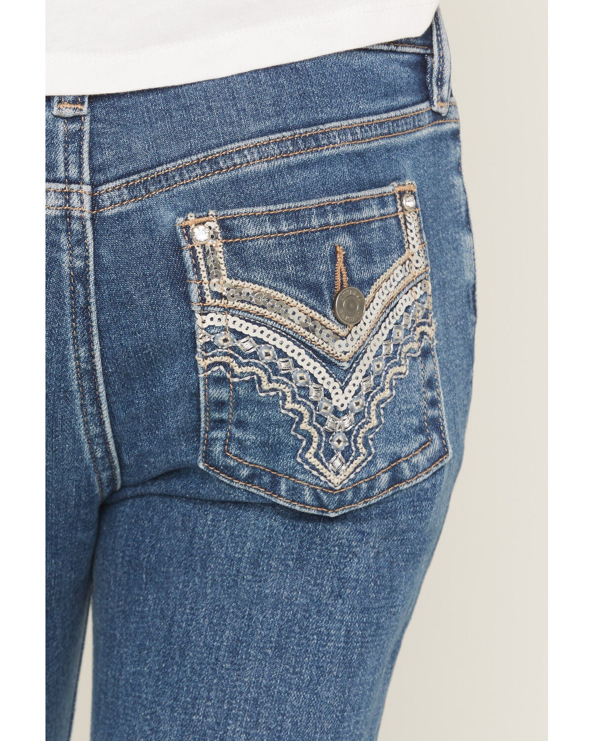 Image #2 - Shyanne Girls' Rome Dark Wash Embellished Pocket Bootcut Stretch Denim Jeans, Dark Wash, hi-res