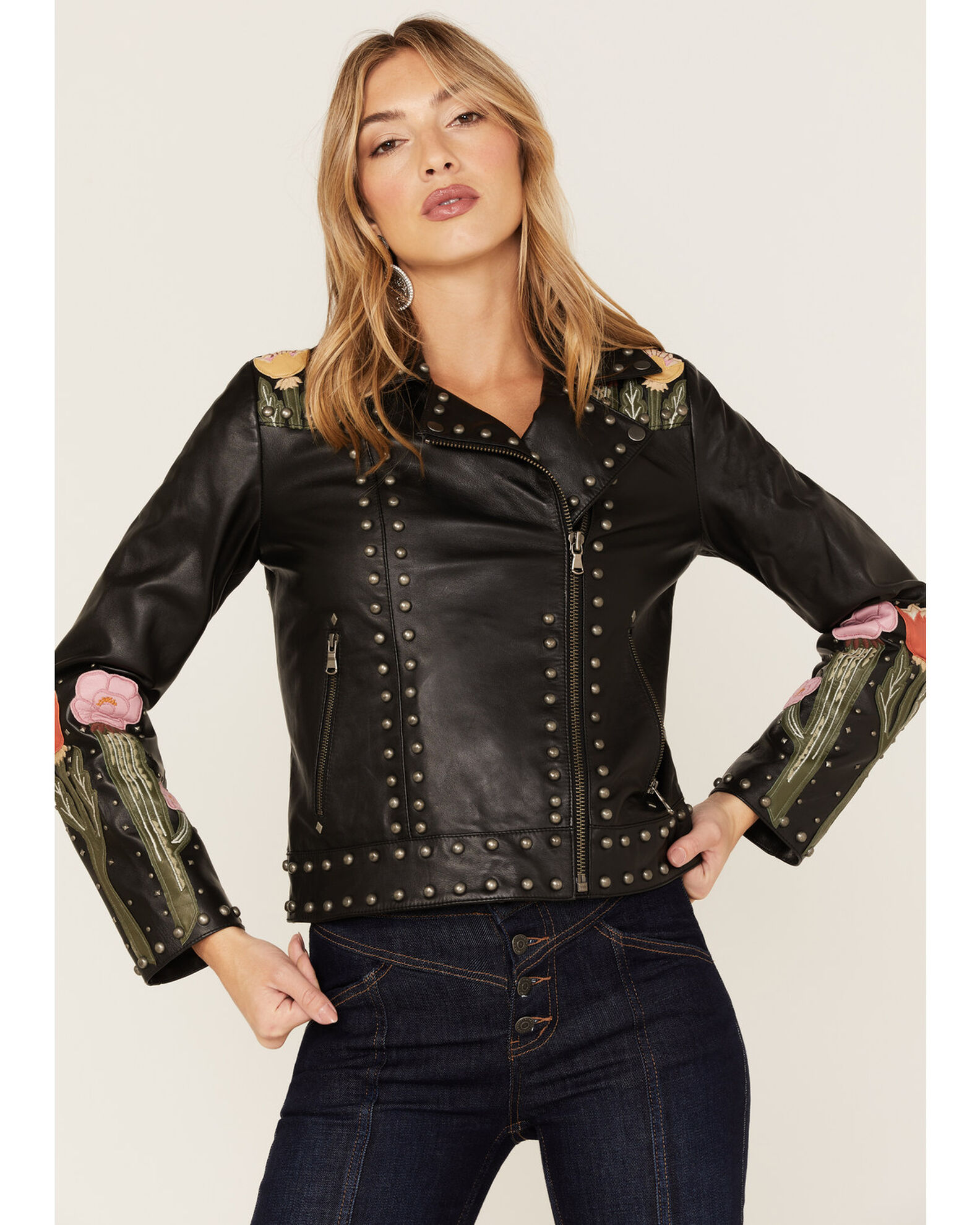Idyllwind Women's Cactus Bloom Floral Patchwork Leather Moto Jacket