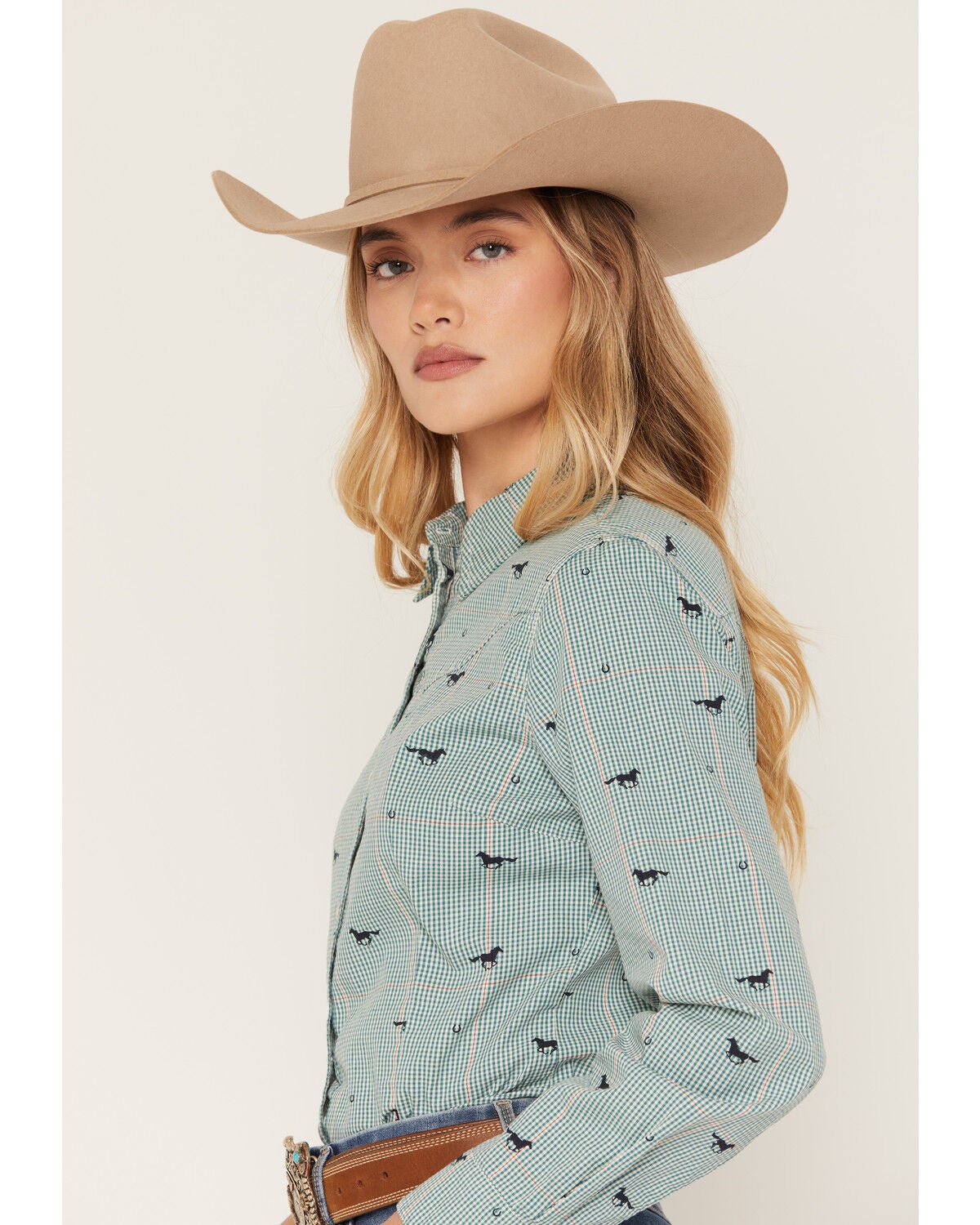 Image #2 - Wrangler Retro Women's Running Horse Plaid Print Long Sleeve Snap Western Shirt, Green, hi-res